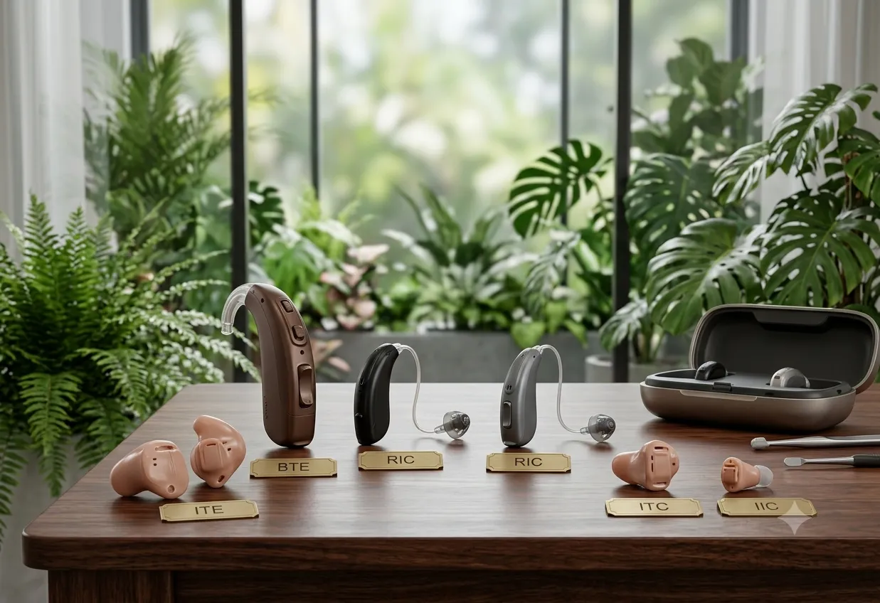 Hearing aids and earpieces displayed on a table